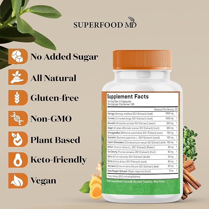 Turmeric Moringa Supplement | Ginger, Boswellia, Saffron, Holy Basil- Joint Support Supplement for Women and Men with Ceylon Cinnamon, Quercetin, Tart Cherry- 240 Count