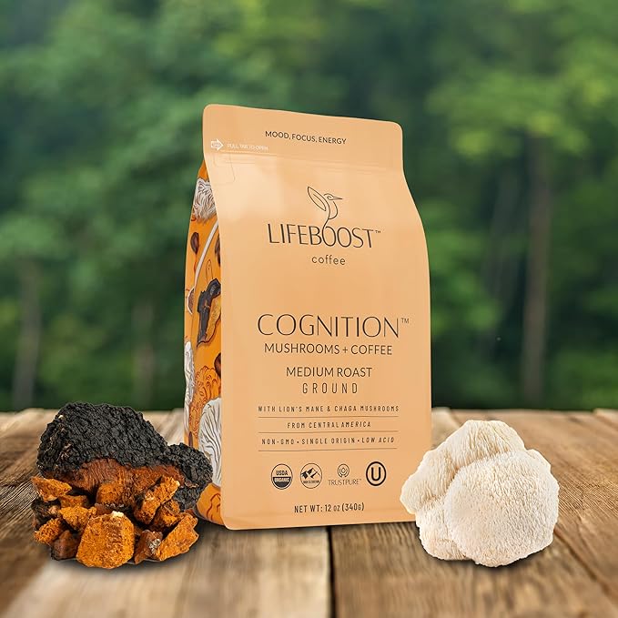 Lifeboost Cognition Adaptogenic Mushroom Coffee - Lions Mane & Chaga Nootropic Coffee - Great Tasting Medium Organic Coffee - Increase Energy, Boost Focus & Immune Support - 12 oz Bag - Ground