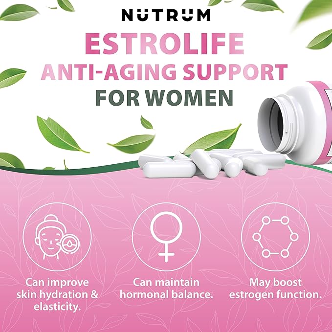 Estrolife Anti-Aging Support for Women by Nutrum, Vegan Supplement for Long Lasting Female Hormonal Balance, Ovarian Function, Skin Hydration, Elasticity and Firmness, Menopause Relief, 60 Capsules