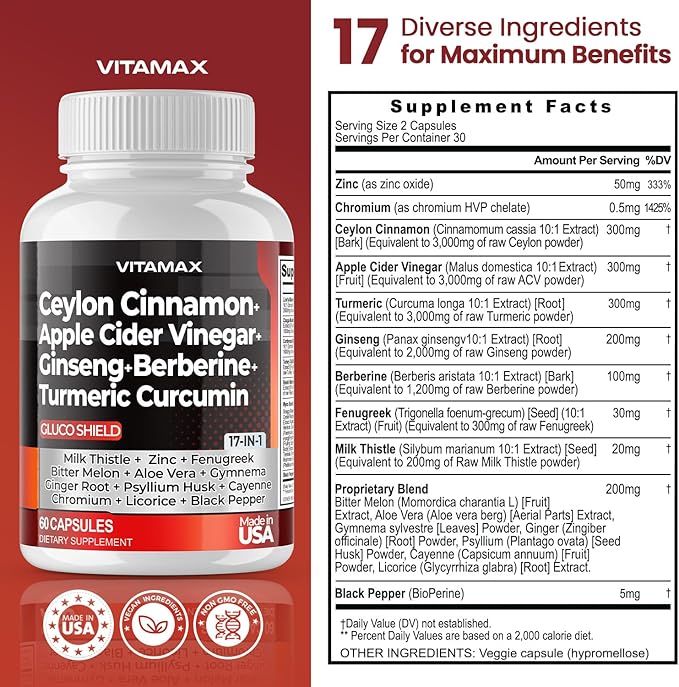 Ceylon Cinnamon 3000mg Apple Cider Vinegar 3000mg Turmeric 2000mg - 2000mg Berberine 1500mg Bitter 60ct