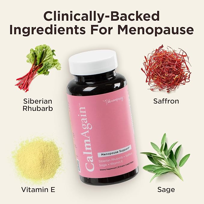 BB Company CalmAgain Menopause Support, Relief & Hormone Balance - Nervousness Relief, Mood Support, Hot Flashes, Night Sweats - Feel Calm - Antioxidant Rich Siberian Rhubarb, Sage, Saffron (30 Ct)