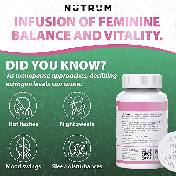 Estrolife Anti-Aging Support for Women by Nutrum, Vegan Supplement for Long Lasting Female Hormonal Balance, Ovarian Function, Skin Hydration, Elasticity and Firmness, Menopause Relief, 60 Capsules