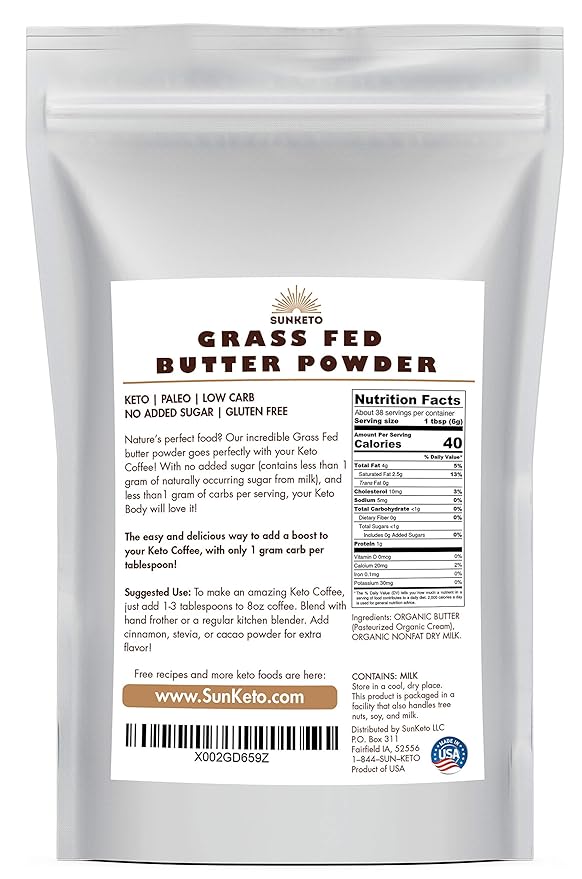 Organic Grassfed Real Butter Powder - Keto NON GMO rBST Hormone Free Paleo Low Carb Sugar Free Gluten Free - Healthy Fat Bomb - Great in Keto Coffee - Unsalted 8oz