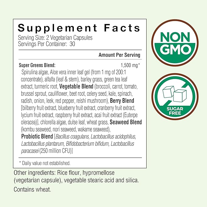 COUNTRY FARMS Super Greens Vegicaps, 32 Super Foods, Whole Food Supplement, Greens, Fruit, Vegetables, Mushrooms & Probiotics, Rich in Antioxidants & Phytonutrients, 60 Count, 30 Servings