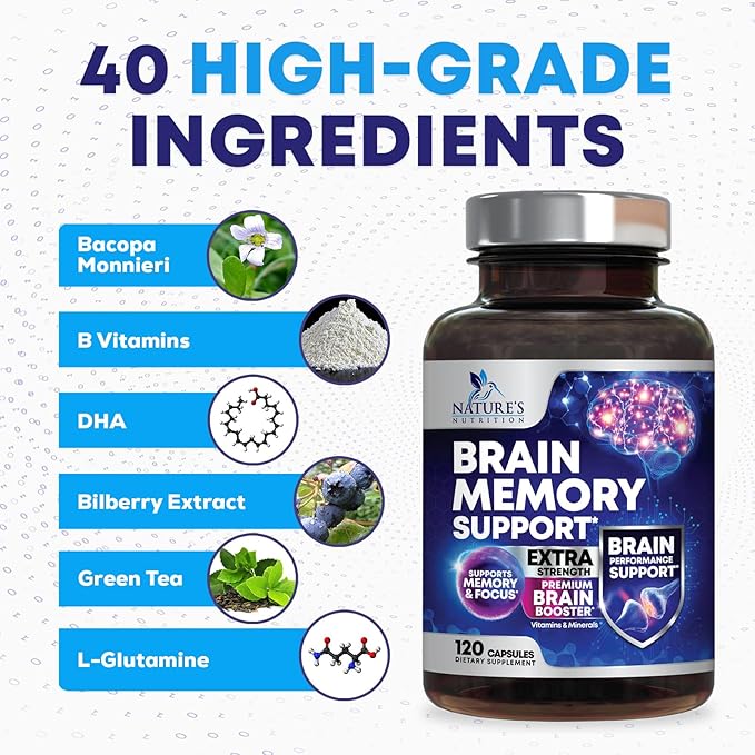 Brain Supplements for Memory and Focus - 40 Nootropics & Vitamins to Support Mental Alertness, Clarity & Concentration, Brain Health Cognitive Memory Pills, B6, B12, Phosphatidylserine - 120 Capsules