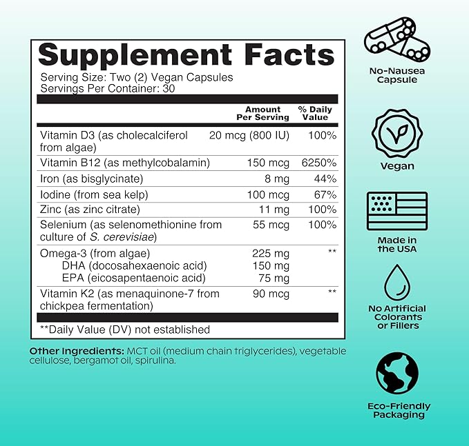wholier Plant Based Multivitamin Vegan Omega-3 B12, Zinc, K2, Iron, 60 Count (30-Day Supply)