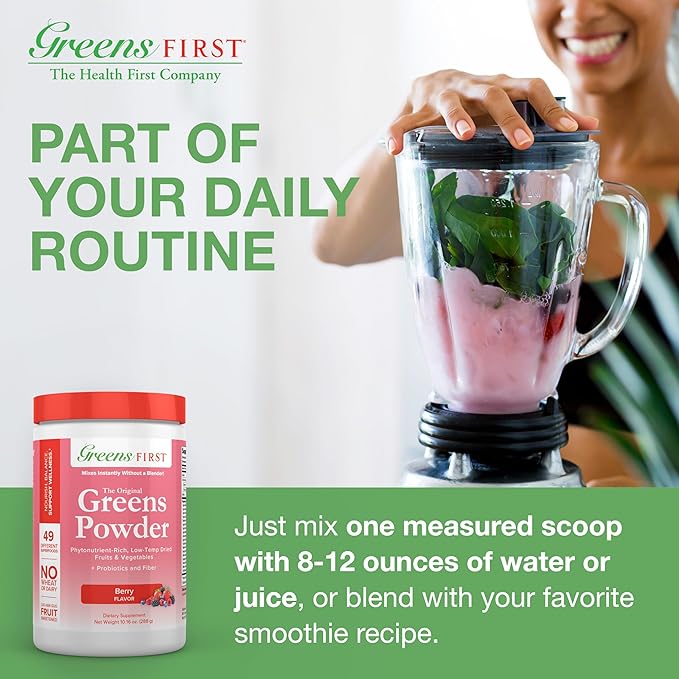Greens First Original Greens Powder - 49 Superfoods - Organic Fruits & Veggies - Prebiotics, Probiotics & Digestive Enzymes - Antioxidant Smoothie - Dairy Free, Vegan & Non-GMO (Berry, 30 Servings)