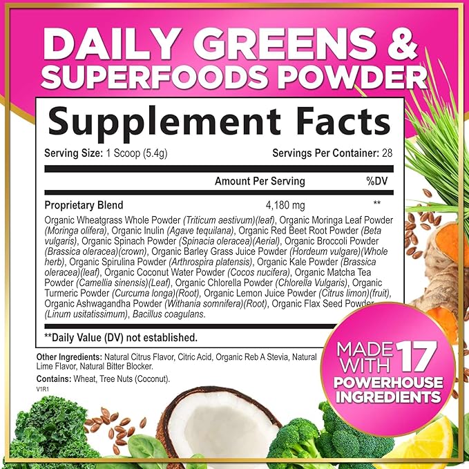 Green Powder Superfood, Organic Super Greens Powder Juice & Smoothie Drink Mix, Gut Health & Bloating Support, Probiotics, Spirulina, Chlorella & Beet Root for Digestive & Energy Support - 28 Servings