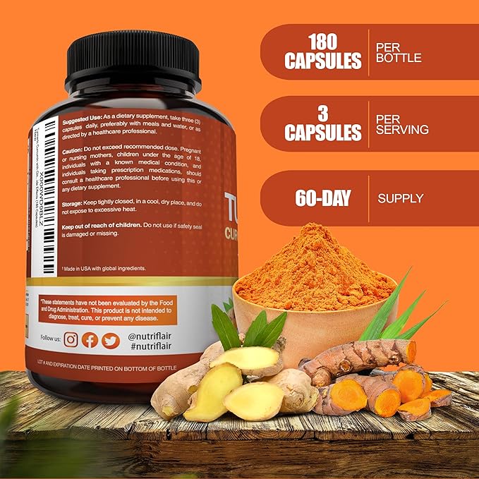 NutriFlair Turmeric Curcumin with Ginger and 180 Capsules 95% Curcuminoids