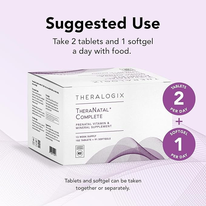 Theralogix TheraNatal Complete Prenatal Vitamin Supplement 91-Day Supply D3, Folate, B6 & 182 Tablets 91 Softgels