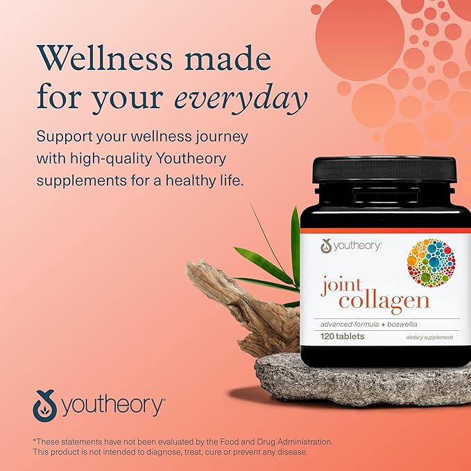 Youtheory Joint Collagen Advanced - Supplement for Bone & Joint Health - Vitamins for Women & Men - with Boswellia Extract, Turmeric & Quercetin - 120 Tablets