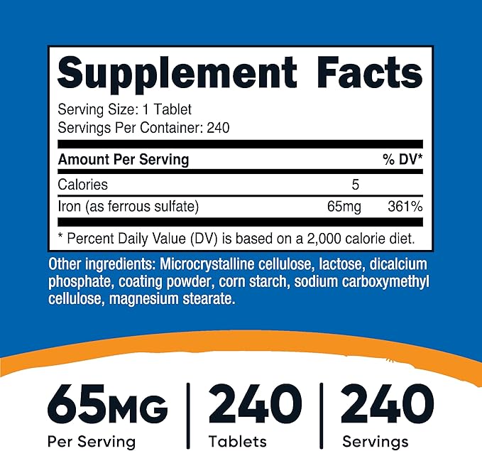 Nutricost Iron (As Ferrous Sulfate) 65mg, 240 Tablets - Non-GMO, Gluten Free