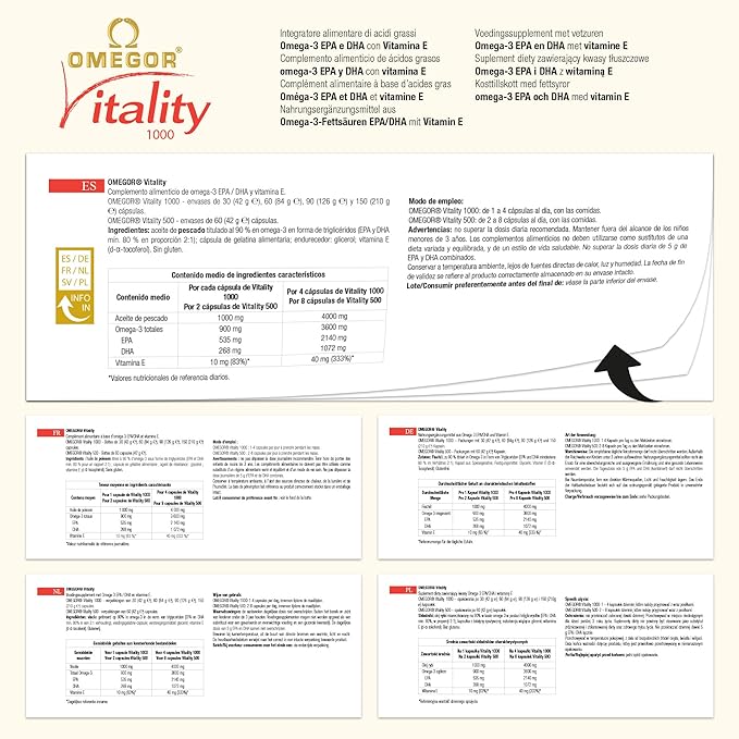 OMEGOR® Vitality 1000 with 90% Omega-3 5-Star Certified 2006. EPA 535mg and 268mg per 2 Capsules. 90% Triglyceride 60 Capsules