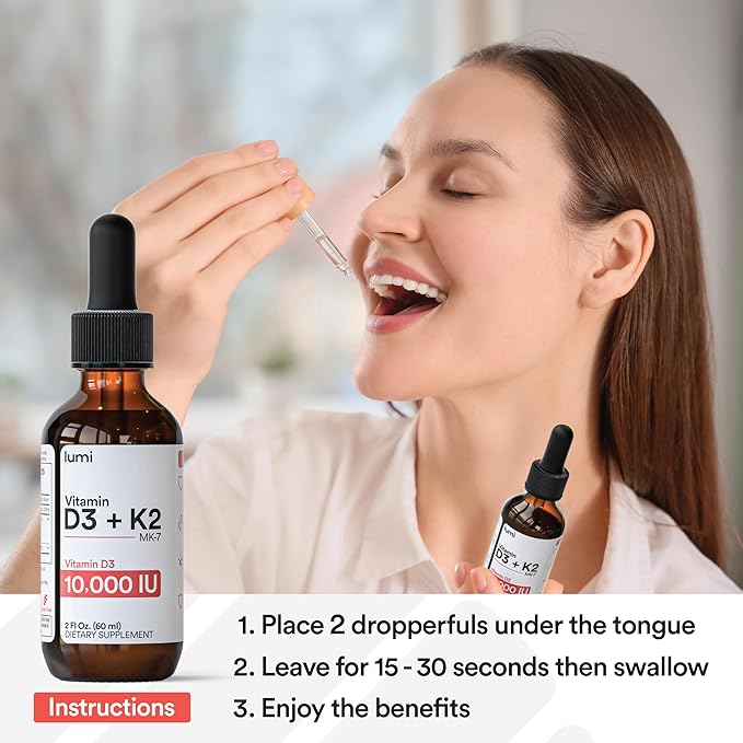 lumi Vitamin D3 K2 MK7 w Palm MCT Oil - 10000 IU D3, 200 mcg K2 MK7-60ml Liposomal Absorption Sublingual Liquid Drops - Non-GMO, Vegan, Unflavored Liquid - Monthly Supply - 2 Fl Oz