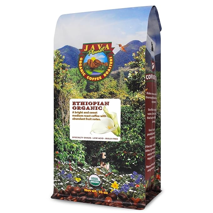 Java Planet Low Acid Coffee, Organic Ethiopia Single Origin: Whole Bean Medium Roast - Smooth Full Flavored Coffee Bean, 1LB Bag