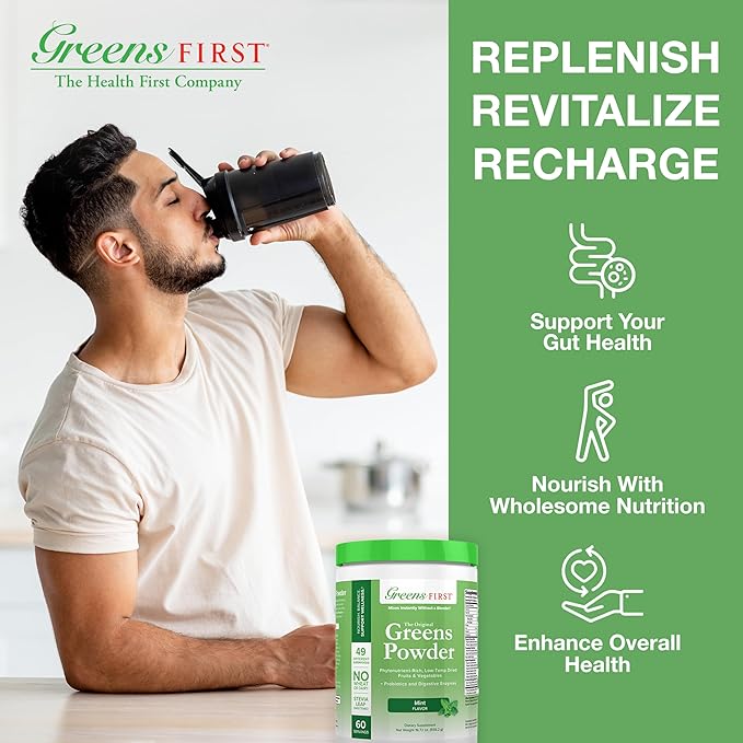Greens First Original Greens Powder - 49 Superfoods - Organic Fruits & Veggies - Prebiotics, Probiotics & Digestive Enzymes - Antioxidant Smoothie - Dairy Free, Vegan & Non-GMO (Mint, 60 Servings)