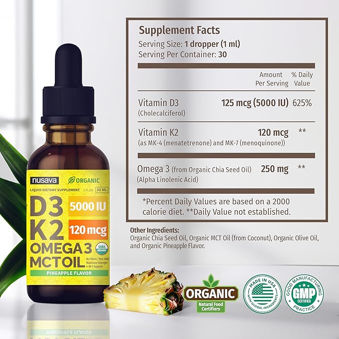 (2 Pack) Organic Vitamin D3 K2 Drops with MCT Oil Omega 3, Maximum Strength Vitamin D Liquid 5000 IU, No Fillers, Non-GMO Liquid D3 for Faster Absorption and Immune Support (Pineapple, 2 Fl Oz)
