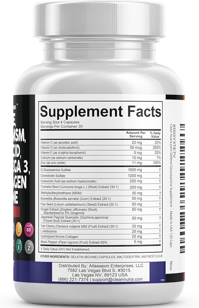 Clean Nutraceuticals Glucosamine Chondroitin MSM Turmeric 3 Pills 120 Count