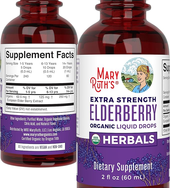 MaryRuth Organics Elderberry Syrup Extra Strength, USDA Organic Elderberry, Sugar Free Adults & Kids Immune Support Supplement for Ages 1+, Clean Label Project Verified®, Vegan, Gluten Free, 2 Fl Oz