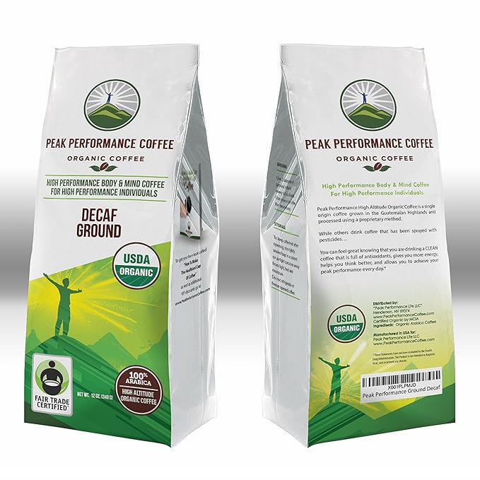 Peak Performance High Altitude Organic Decaf Coffee. Fair Trade, Low Acid, Non GMO, and Beans Full Of Antioxidants. Medium Roast Smooth Tasting USDA Certified Organic Decaffeinated Ground Coffee Bag