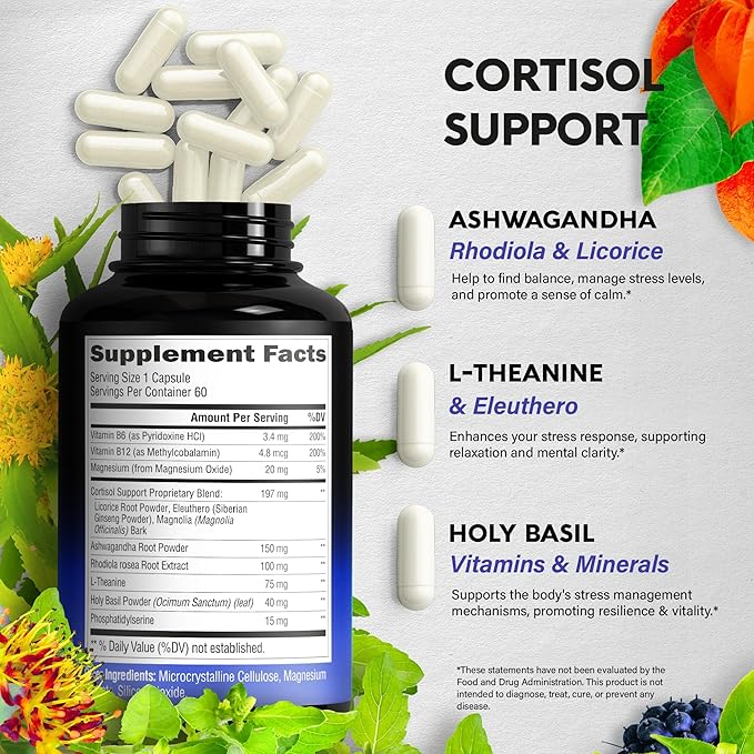 Cortisol Supplement for Women - Natural Based Hormone Balance - Ashwagandha | Rhodiola | Holy Basil | L-Theanine - Mood, Focus & Sleep Support - Made in USA - Vegan, Non-GMO - 60 Capsules for 2 Month