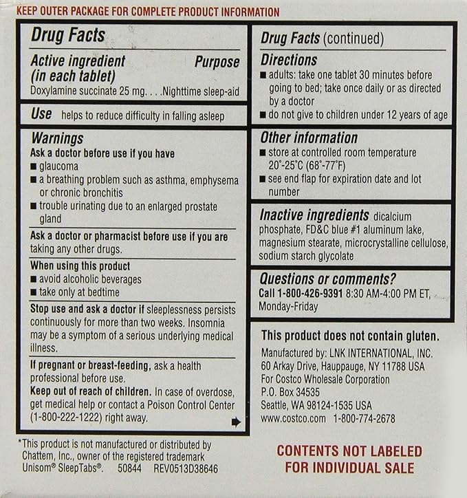 Kirkland Signature Nighttime Sleep Aid (Doxylamine 25 mg), 192 Tablets