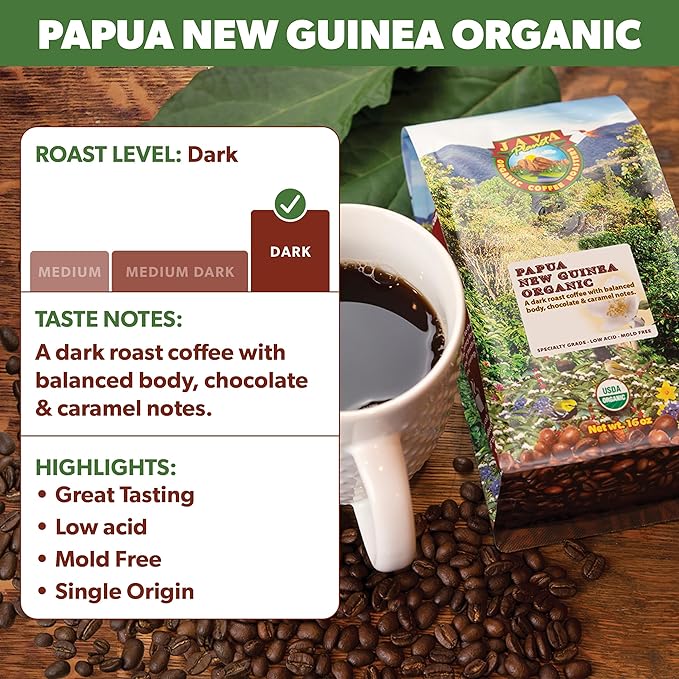 Java Planet Organic, Papua New Guinea Single Origin Dark Roast, Smooth Full Flavored Organic Coffee Beans, Low Acid, Whole Bean Coffee 1LB Bag