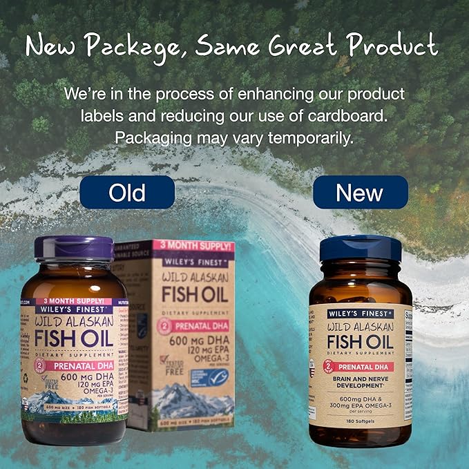 Wiley's Finest Wild Alaskan Fish Oil 600mg DHA Omega-3s - 180 Softgels (90 Prenatal