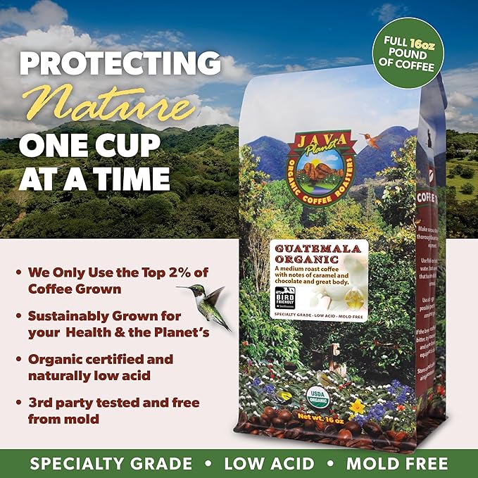 Java Planet Low Acid Coffee, Guatemalan Organic Coffee Beans, Smooth Full Flavored, Single Origin: Whole Bean Medium Roast - Smithsonian Bird Friendly 2-1LB Bags