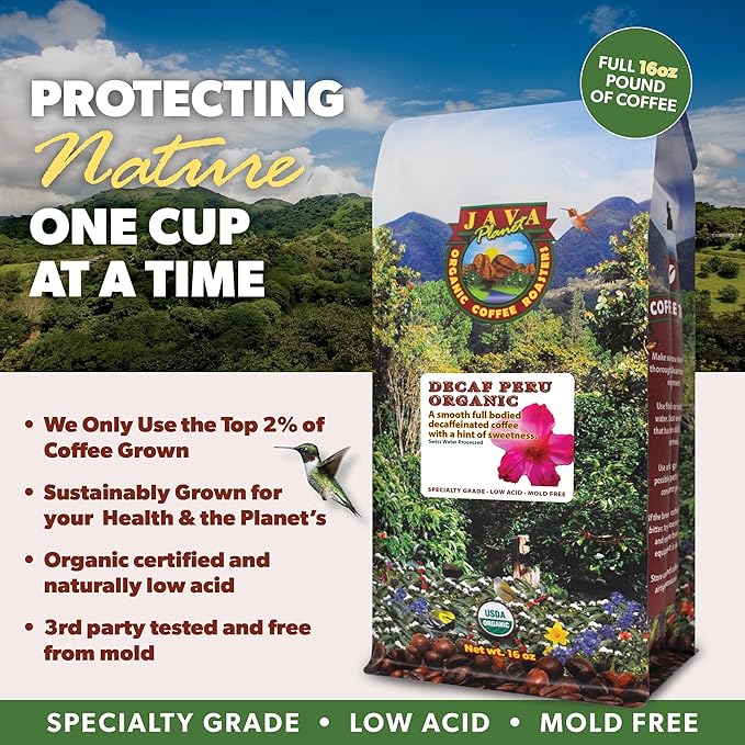 Java Planet Organic, Water Process Decaf Peru, Smooth Full Flavored Organic Coffee Beans, Low Acid, Whole Bean Coffee 1LB Bag