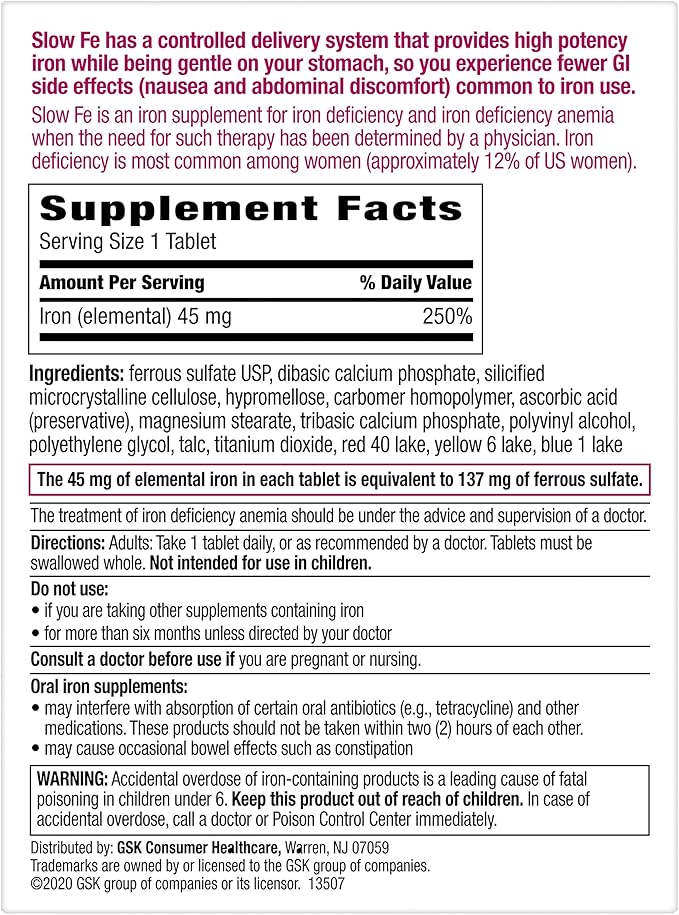 Slow Fe 45mg Iron Supplement for Iron Deficiency, Slow Release, High Potency, Easy to Swallow Tablets - 60 Count