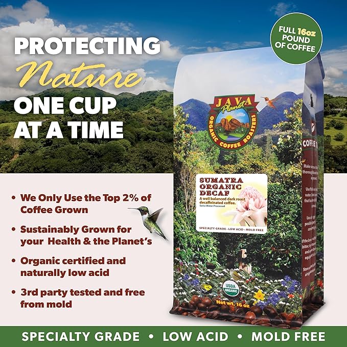 Java Planet Organic, Water Process Decaf Sumatra, Dark Roast, Smooth Full Flavored Organic Coffee Beans, Low Acid, Whole Bean Coffee 1LB Bag