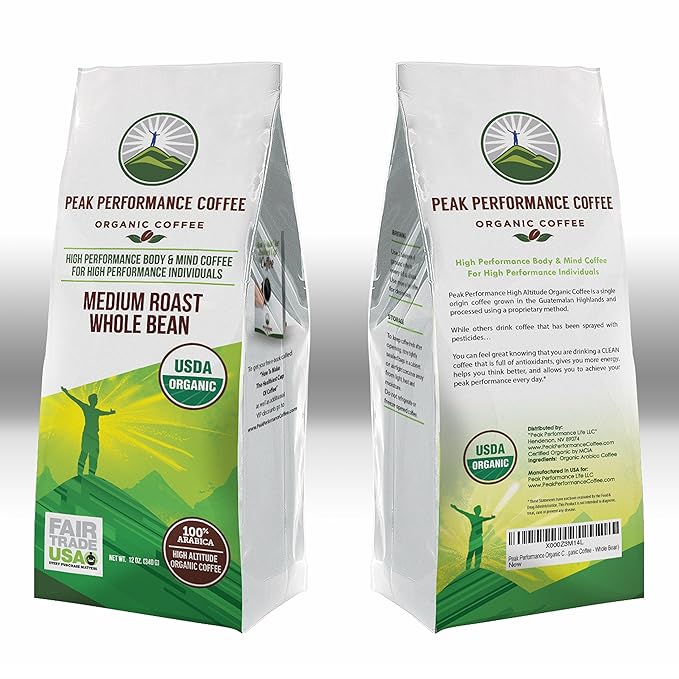 Peak Performance High Altitude Organic Coffee. Fair Trade, Low Acid, Non GMO, and Beans Full Of Antioxidants. Medium Roast Smooth Tasting USDA Certified Organic Whole Bean Coffee Bag