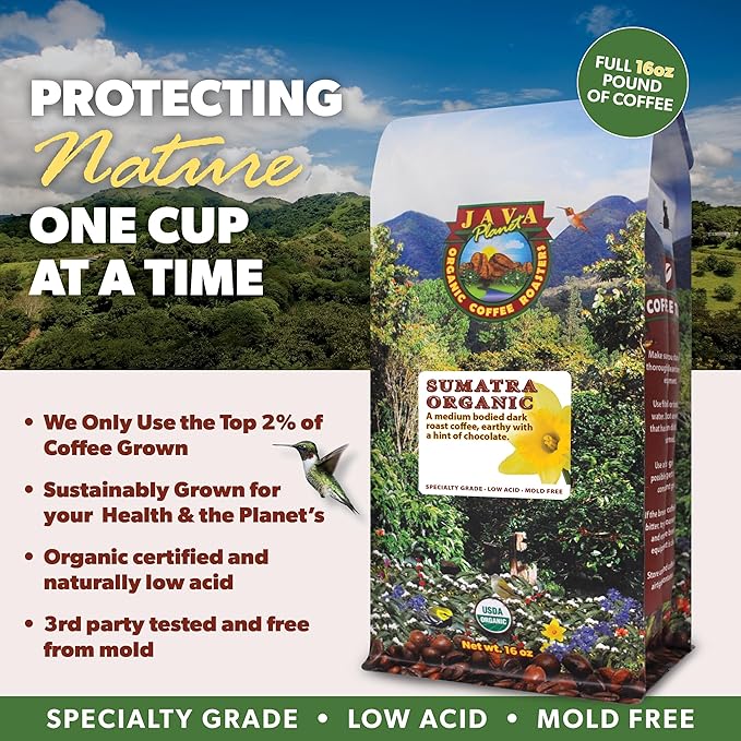 Java Planet Organic, Sumatra Single Origin Dark Roast, Smooth Full Flavored Organic Coffee Beans, Low Acid, Whole Bean Coffee 1LB Bag
