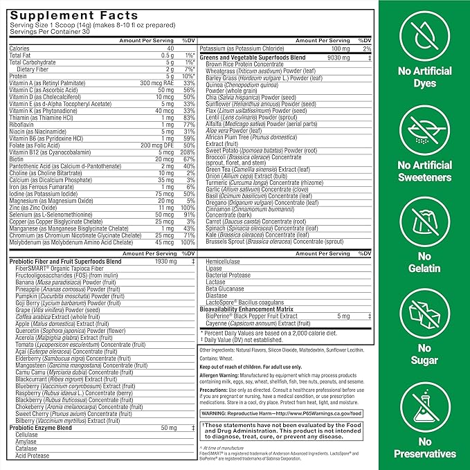 FORCE FACTOR Smarter Greens Superfoods Powder to Support Digestion and Bloating, Immunity, and Energy, Greens Powder with Probiotics, Digestive Enzymes, Antioxidants, and Fiber, 30 Servings