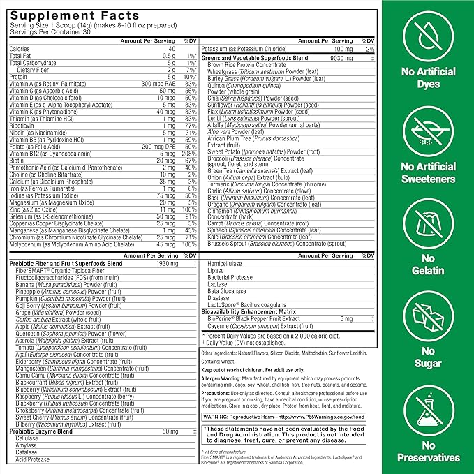 FORCE FACTOR Smarter Greens Superfoods Powder, 2-Pack, Supports Digestion and Bloating, Immunity, and Energy, Greens Powder with Probiotics, Digestive Enzymes, Antioxidants, and Fiber, 60 Servings