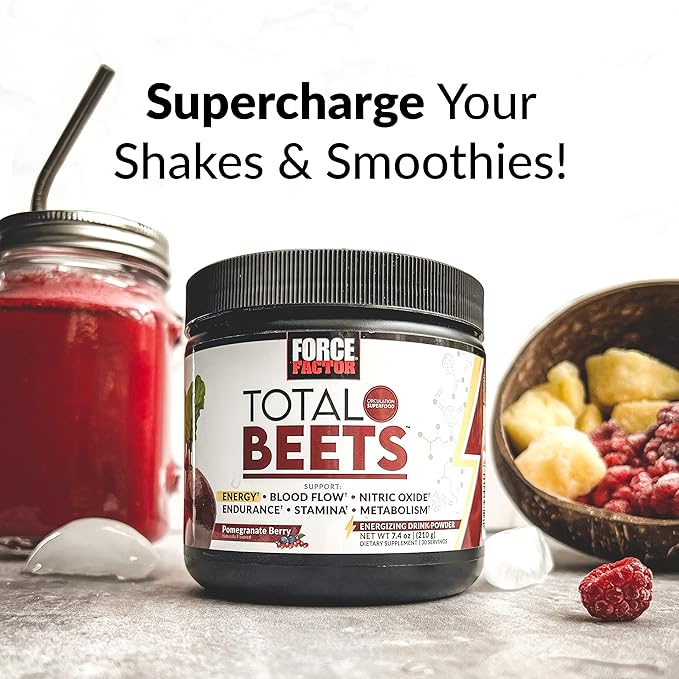 Force Factor Total Beets Energy Drink Mix, Superfood Beet Root Powder with Nitrates to Boost Energy and Support Circulation, Blood Flow, Nitric Oxide and Stamina, Heart Health Supplement, 30 Servings