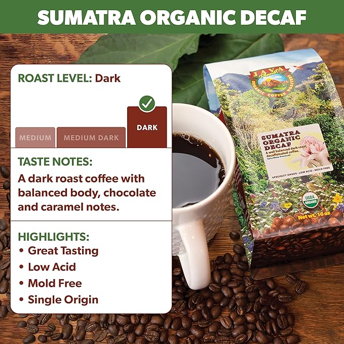 Java Planet Organic, Water Process Decaf Sumatra, Dark Roast, Smooth Full Flavored Organic Coffee Beans, Low Acid, Whole Bean Coffee 1LB Bag