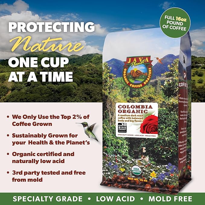 Java Planet Low Acid Coffee, Organic Colombian Single Origin: Whole Bean Medium Dark Roast - Smooth Full Flavored Coffee Bean, Two 1LB Bags