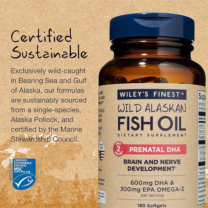 Wiley's Finest Wild Alaskan Fish Oil 600mg DHA Omega-3s - 180 Softgels (90 Prenatal