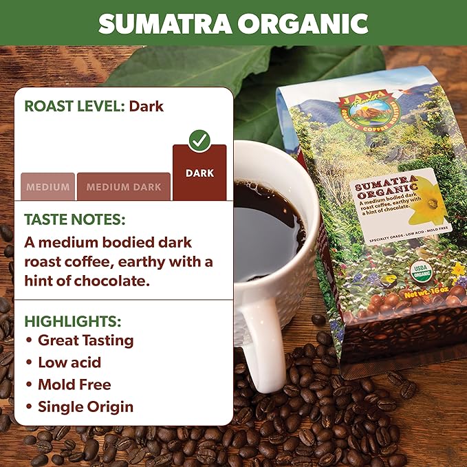 Java Planet Organic, Sumatra Single Origin Dark Roast, Smooth Full Flavored Organic Coffee Beans, Low Acid, Whole Bean Coffee 5LB Bag