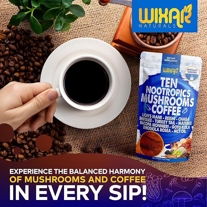 Wixar Nootropics Mushroom Coffee - Ten Superfood Extract Instant Coffee Powder with Lions Mane, Turkey Tail, Reishi, Chaga, Shiitake, Rhodiola Rosea, Gotu Kola, Bacopa - 5oz Mushrooms Supplement
