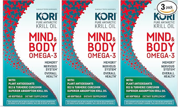 Kori Krill Kori Mind & Body Omega-3 Oil 3, Brain B12, Tumeric 80 Softgels (3 pack)