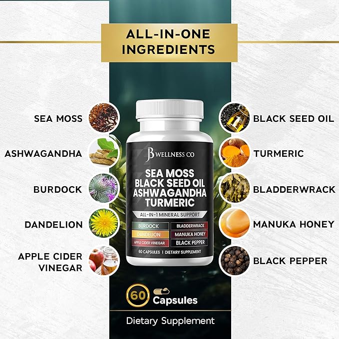 Sea Moss 3000mg Black Seed Oil 2000mg Ashwagandha 1000mg Turmeric 1000mg Bladderwrack 1000mg Burdock 1000mg & D3 with 60 Count