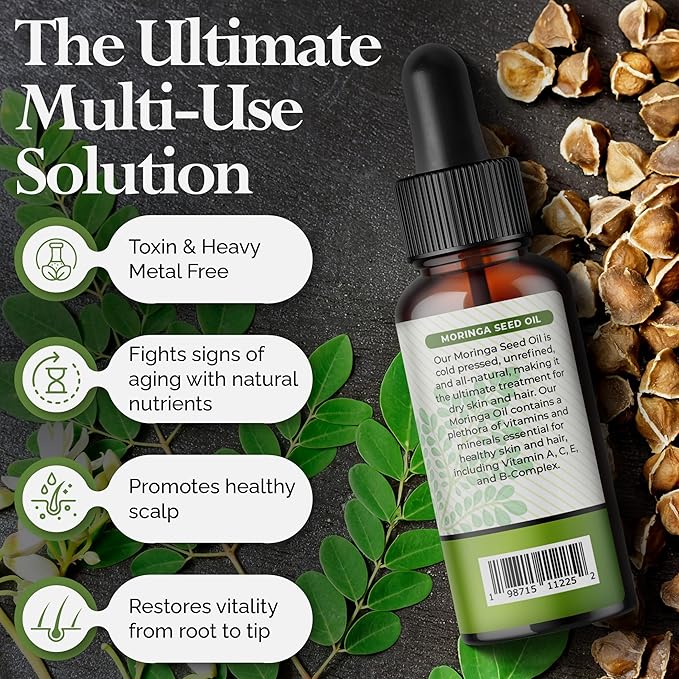 Moringa Seed Oil – 100% Pure, Cold-Pressed & Virgin, Unrefined Non-GMO Vegan Oil, Ultra-Hydrating Moisturizer for Dry Skin, Damaged Hair & Body, Anti-Aging, Ideal Carrier Oil