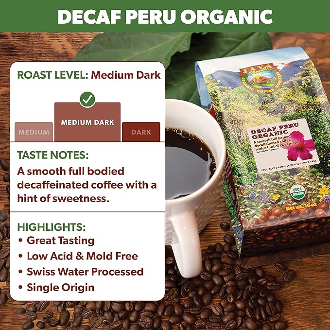 Java Planet Organic, Water Process Decaf Peru, Smooth Full Flavored Organic Coffee Beans, Low Acid, Whole Bean Coffee 1LB Bag