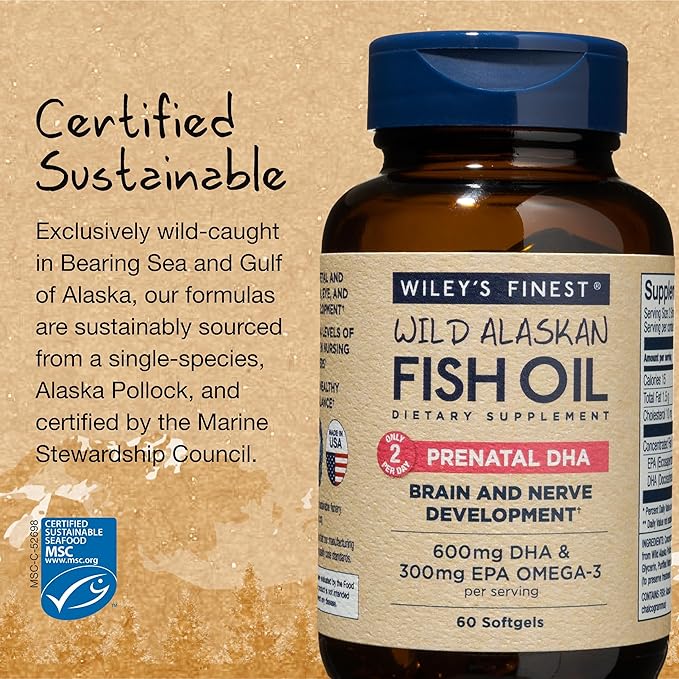 Wiley's Finest Wild Alaskan Fish Oil 720mg EPA Omega-3s for 60 Softgels (30 Prenatal