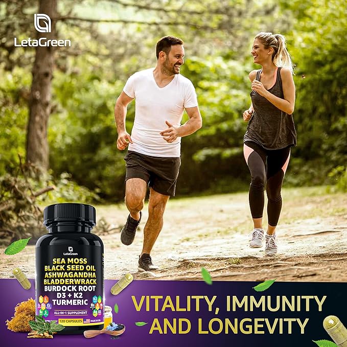 Sea Moss 3000mg Black Seed Oil 2000mg Ashwagandha 1000mg Bladderwrack 1000mg Burdock 1000mg Turmeric 1000mg & D3, K2 K2 with 120 Count