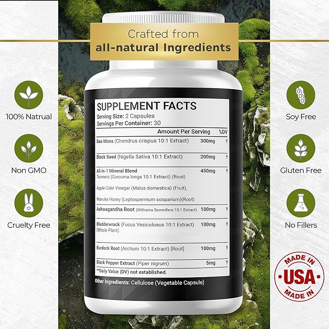 Sea Moss 3000mg Black Seed Oil 2000mg Ashwagandha 1000mg Turmeric 1000mg Bladderwrack 1000mg Burdock 1000mg & D3 with 60 Count
