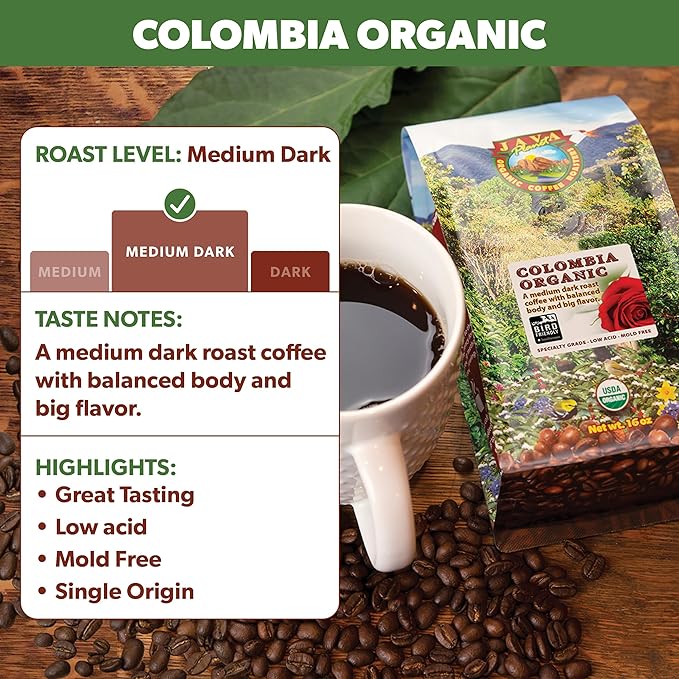 Java Planet Low Acid Coffee, Organic Colombian Single Origin: Whole Bean Medium Dark Roast - Smooth Full Flavored Coffee Bean, Two 1LB Bags